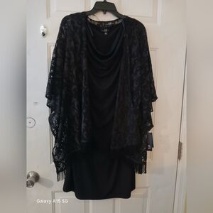 AGB  2 Pc Black Cowl Neck Dress And Lace Fringe Jacket Sz 16 (030926EB)